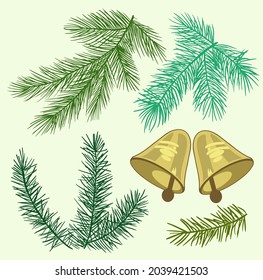 A set of new year's items. Branches of spruce and pine. The yellow bells. For the design of postcards, posters, and jewelry.