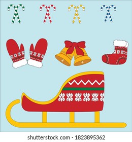 A set of New Year's items. Gifts and decorations. Santa's sleigh. Cute snowman. Bells. Christmas sweets and gifts. Items for New Year's decoration.