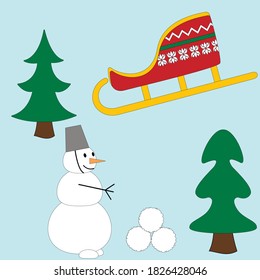 A set of New Year's items. Gifts and decorations. Santa's sleigh. Cute snowman. Bells. Christmas sweets and gifts. Items for New Year's decoration.