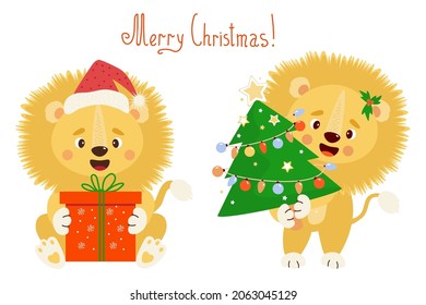 Set of New Years lions. Cute lion cub in Santa hat with big gift and with Christmas tree with balls and garlands. Vector illustration. For greeting cards, prints, decor and new year kids collection