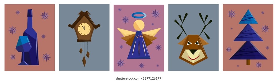 Set of New Year's posters. Christmas greeting cards. Minimalistic abstract illustrations with geometric shapes. 2024. Flat vector style.