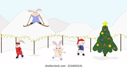 Set of New Year's rabbits. Collection of Christmas bunnies. 2023 is the year of the rabbit. Vector illustration