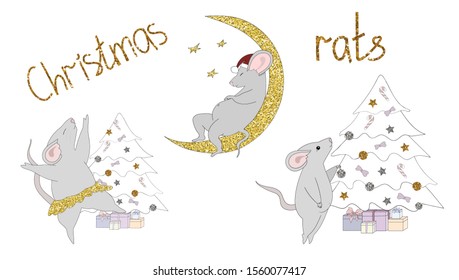 Set of New Year's rats decorating Christmas tree, dancing, sleeping on the moon, with gold bronze and silver glitter. Inscription Christmas rats. Design for cards. Vector hand drawn illustration.
