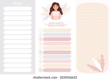 Set von Vorsätzen für neue Jahre, Do List und Notes. Planer mit süßem Mädchen mit einem Kalender. Vektorgrafik. Notiz Papier, Tagesplanung, Zeitmanagement. Vertikale Vorlage auf dekorativem Hintergrund