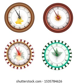 Set of New Year's round clock with Christmas elements and decorations. Vector illustration, isolated.