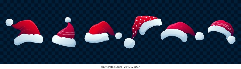 Set of New Year's Santa hats. Hand drawn vector illustration. Red hats with fur and ponpons on a dark background for design.