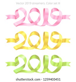 Set of New Years serpentine streamers in the shape of 2019 logo. Twisted ribbons on a white background. Realistic vector strips. Calligraphic inscriptions. Pink, golden, lime scrolls. Vintage style