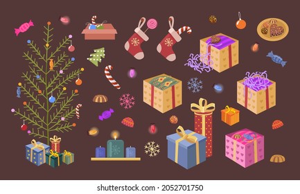 A set of New Year's stickers with gifts, New Year's decorations and accessories, sweets and a Christmas tree. Vector patches of holiday items and New Year's toys.