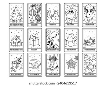 Set of New Year's Tarot cards. Collection of esoteric Tarot decks with a Christmas theme. Mystical card. Magic holiday. Vector illustration isolated on white background.