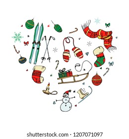 set of New Year's things, heart from different winter and new year decorations 