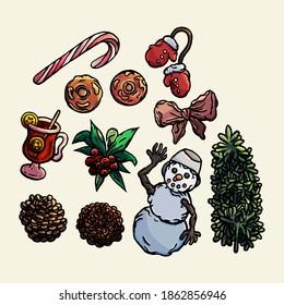 Set of New year's things, light background, tea, glass, mistletoe, candy, cane, snowman, mittens, bow, cone, fir branch, deer, cartoon style, isolated, holiday, winter, december, for children, funny