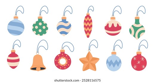 Set of New Year's toys for decorating a Christmas tree. Isolated on white background