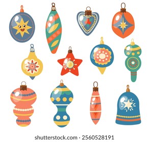 Set of New Year's tree decorations. Hand drawn style, white background, isolate
