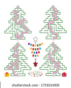 Set of New Years various mazes in form of Christmas tree. Christmas cartoon templates for puzzles and education games. Vector
