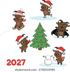 A set of New Year's vector flat cartoon stickers featuring cute goats, the symbol of 2027, riding sleds, skating, building snowmen, decorating Christmas trees, and having fun in fancy dress costumes