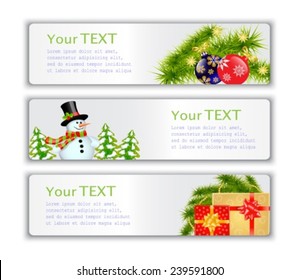 Set New Year's visit card with snowmen, Christmas trees, gifts and spruce branches 