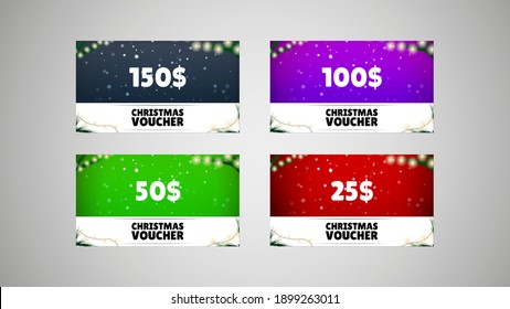 Set of New Year's Voucher on a  festive background. Christmas Sale. Merry Christmas and Happy New Year. Colored. Winter Holidays Set Realistic gifts. Special offer. Vector Illustration