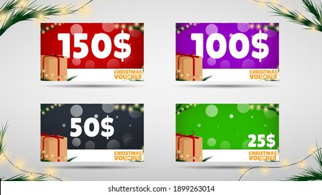 Set of New Year's Voucher on a  festive background. Christmas Sale. Merry Christmas and Happy New Year. Colored. Winter Holidays Set Realistic gifts. Special offer. Vector Illustration