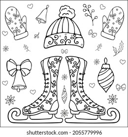 set of New Year's winter skates mittens hat Christmas decorations