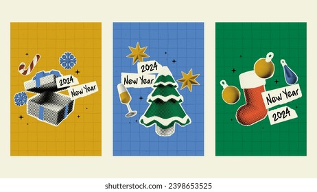 Set of New Year-themed collages with Christmas tree, Gift box, Christmas sock. Banners in a trendy halftone style for collages.