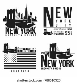 Set of New York, Brooklyn Bridge typography for t-shirt print. Stylized Brooklyn Bridge silhouettes. Tee shirt graphic, t-shirt design. Vector