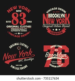 Set of New York, Brooklyn vintage brand graphic for t-shirt. Original clothes design with grunge. Authentic apparel typography. Retro sportswear print. Vector illustration.