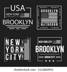 Set of New York City, Brooklyn typography for t-shirt print. American flag in white color. T-shirt graphics. Vector