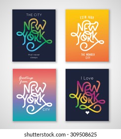 Set of "New York" fashion greeting cards wall decor art posters t shirt apparel prints. Collection of vintage retro layouts with various NY related phrases, quotes and statements. 