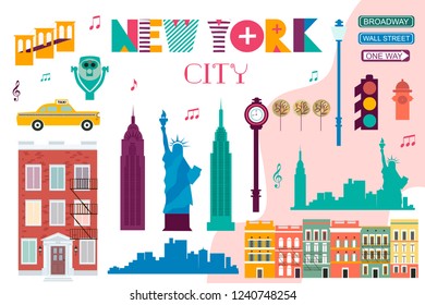 Set of New York landmarks. Editable vector illustration