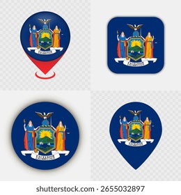 Set of New York State Flag Icons and Map Pins.
