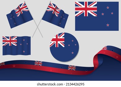 Set Of New Zealand Flags In Different Designs, Icon, Flaying Flags With ribbon With Background.