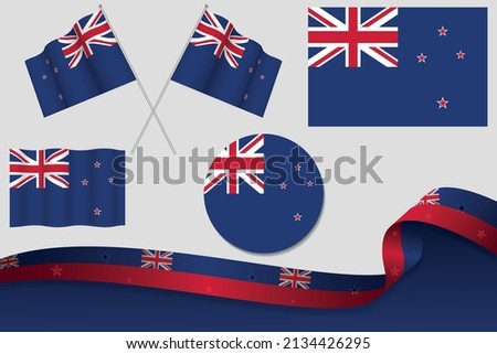 Set Of New Zealand Flags In Different Designs, Icon, Flaying Flags With ribbon With Background.
