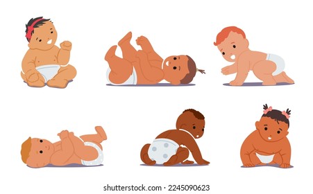 Set of Newborn Babies of Different Nations. Cute Innocent Infants, Asian, African, Latin or Caucasian Nations Character Wear Diapers. Healthy Adorable Child Playing. Cartoon People Vector Illustration