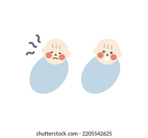 Set Of Newborn Baby Boy With Different Emotion. Unhappy Child Feeling Sick. Cute Child Smiling. Various Face Expressions Concepts. Flat Design Cartoon Character Vector Design Isolated Illustrations.