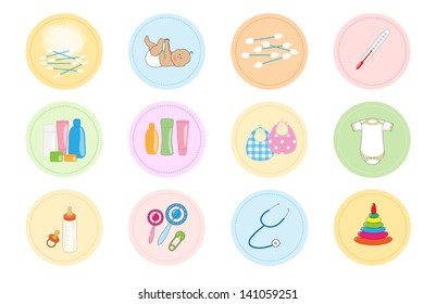 Set of newborn baby boy items as icons for internet shop or design element for baby shower card decor