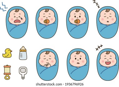 Set of newborn baby boys swaddled in a blanket with baby goods. Vector illustration isolated on white background.