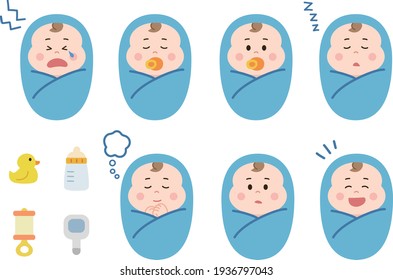 Set of newborn baby boys swaddled in a blanket with baby goods. Vector illustration without main lines.