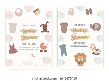 Set of Newborn baby care, clothing and gift toys shop, vector banners. Child care bathing, hygiene and healthcare products diapers, feeding bottles, car kid chair. hand drawn vector.