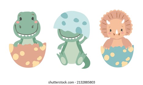 Set of newborn baby dinosaur in egg. Girl and boy baby shower elements. Cute peach and green little dino vector illustration on white background.