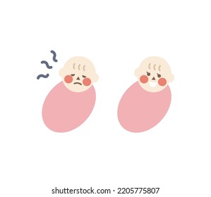 Set Of Newborn Baby Girl With Different Emotion. Unhappy Child Feeling Sick. Cute Child Smiling. Various Face Expressions Concepts. Flat Design Cartoon Character Vector Design Isolated Illustrations.