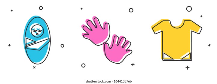 Set Newborn baby infant swaddled, Baby hands print and Baby onesie icon. Vector