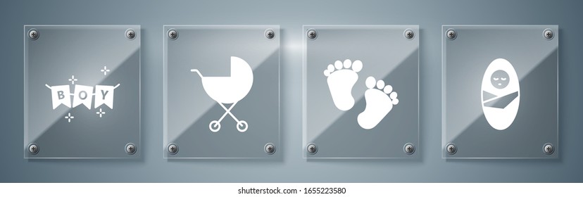 Set Newborn baby infant swaddled, Baby footprints, Baby stroller and Carnival garland with flags. Square glass panels. Vector