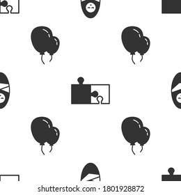 Set Newborn baby infant swaddled, Piece of puzzle and Balloons with ribbon on seamless pattern. Vector