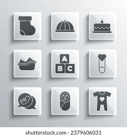 Set Newborn baby infant swaddled, Baby clothes, pin, ABC blocks, bathtub, socks and Cake with burning candles icon. Vector