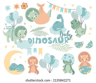 Set of newborn green baby dinosaur, cloud, moon, balloon, egg, stars, flowers and plants. Girl and boy baby shower elements. Cute sleeping little dino, vector illustration on white background.