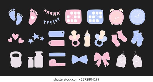 Set newborn hand drawn elements. Gender party vector icons. Birth stats colorful illustrations. Age, height, weight data and cute baby accessories. Set baby metric colored doodles. Birth announcement. svg