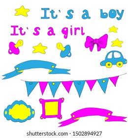 Set for newborn on white background. congratulations, flags, frames, bow, nipple pink and blue. machine, star, etc. Ready illustrations for postcards, posters, stickers, invitations, design. Vector