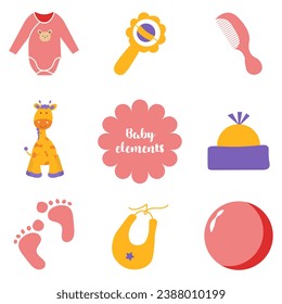 A set for newborns with cartoon elements in a flat design. A set of children's toys, clothes, care products and other decorative stickers. Vector illustration