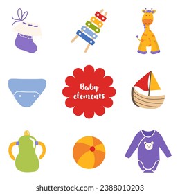 A set for newborns with cartoon elements in a flat design. A set of children's toys, clothes, care products and other decorative stickers. Vector illustration