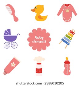 A set for newborns with cartoon elements in a flat design. A set of children's toys, clothes, care products and other decorative stickers. Vector illustration